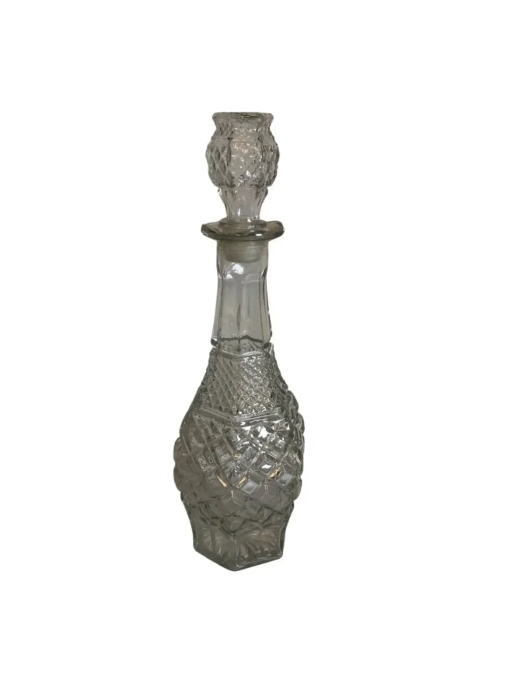 Vintage Pressed Glass Decanter Bottle with Stopper Diamond Cut Pattern